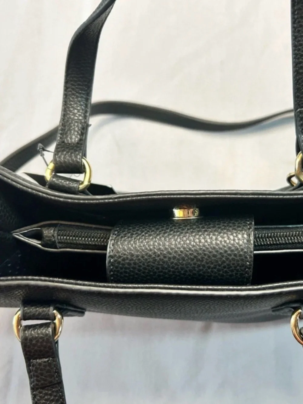 Nanette Lepore Black Vegan Leather Pebbled Satchel Bag with Floral Mirror Charm